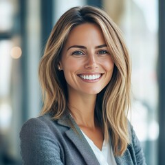 Fototapeta premium Smiling Woman With Long Hair in a Grey Blazer Stands Confidently in a Modern Office Setting During Daylight Hours