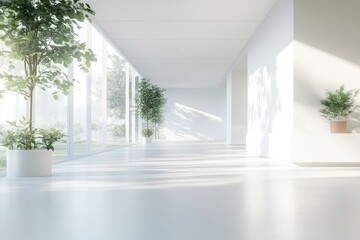 A bright, spacious, white modern office interior with large windows on the left, natural light, potted plants, and empty space for text. Minimalist architectural design with clean lines and simplicity