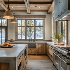 ushaped rustic kitchen high end cabin with center island quartersawn oak cabinets concrete countertops windows on the sink side 9 foot ceilings modern island pendants
