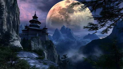 Gordijnen Majestic mountaintop castle under a giant moon, misty valley background  fantasy landscape art for game design or book cover. © Maulid