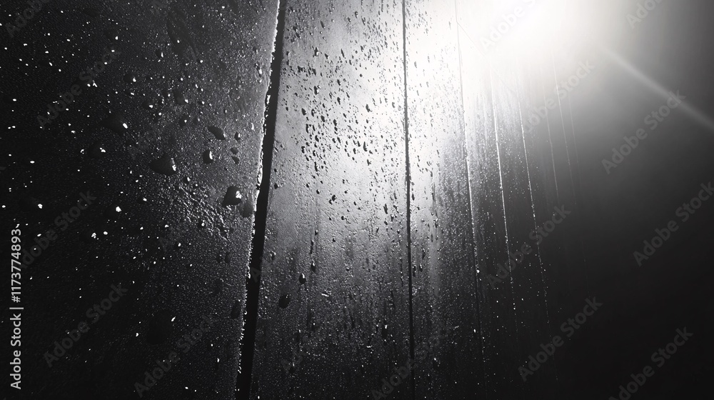 Poster light reflecting off wet surfaces creates a dramatic effect in a dark setting