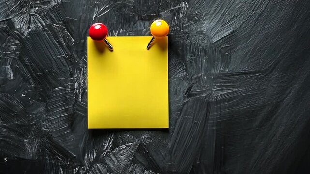 Bright yellow sticky note pinned with red and yellow push pins on a textured black background in a creative workspace