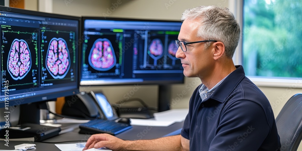 Sticker neurologist doctor looking at digital brain scan on computer in lab