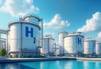 Obraz premium Modern hydrogen energy plant features large storage tanks for hydrogen gas. Industrial zone on sunny summer day. Innovative power plant generates electricity from water. Eco friendly, sustainable