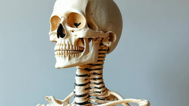 Detailed human skeleton model displayed in an educational setting, emphasizing anatomy and structure