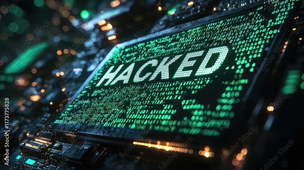 Poster close-up of a circuit board displaying the word 