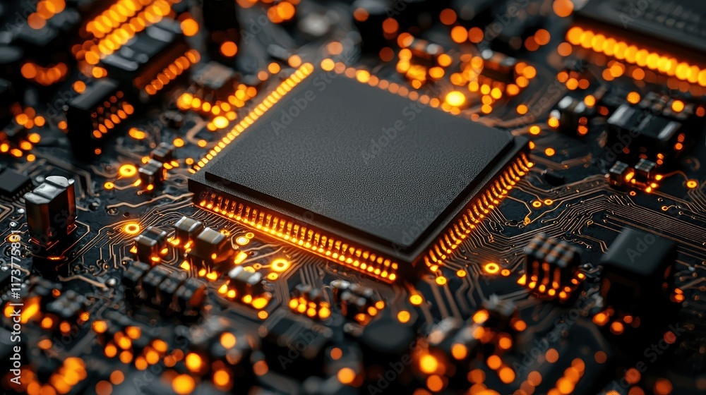 Poster close-up of a computer processor glowing orange on a circuit board.