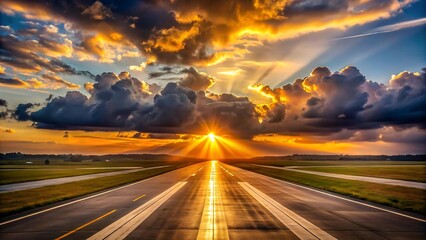 Obraz premium The image captures a dramatic sunset at an airport runway, featuring illuminated runway lights, cumulus clouds, and a vibrant orange and blue sky, creating a cinematic, high contrast