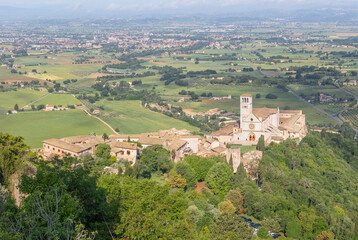 Assisi - The panorama of Basilica di San Francesco over the Umbrian landscape.