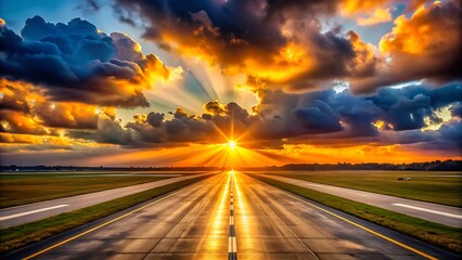 Obraz premium sunset on the highway.The image captures a dramatic sunset at an airport runway, featuring illuminated runway lights, cumulus clouds, and a vibrant orange and blue sky, creating a cinematic