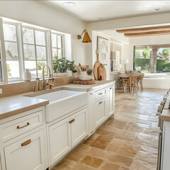 Home Kitchen with beige slate stone counter tops kitchen island with beigh slate stone counter top white kitchen cabinets bronze gold handles and hardware farmhouse st