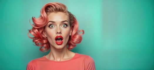 Woman with pink hair, red lips looks surprised at camera. Stylish retro look with bright makeup. Expressing excitement, amazement. Photo captures vibrant emotion. Great for fashion, beauty, cosmetic