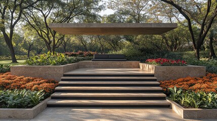 Fototapeta premium Modern outdoor patio with seating area and steps, surrounded by lush landscaping.