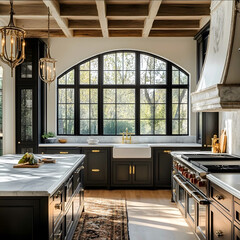 english inspired kitchen with dark cabinets and lots of dark windows arched range alcove school house lighting marble countertops slab marble backsplash morning light