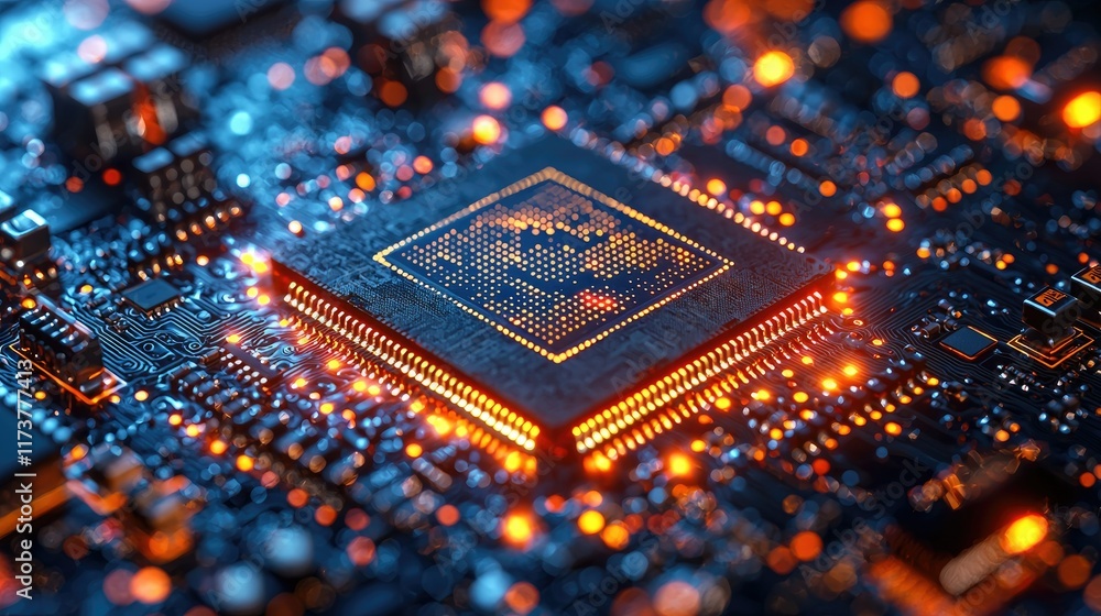 Poster close-up of a glowing computer processor on a circuit board.