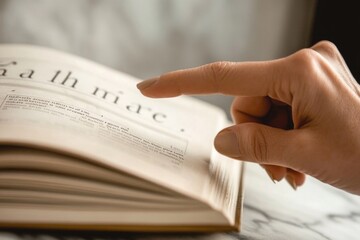 Naklejka premium Female hand reading open book with finger pointing at text
