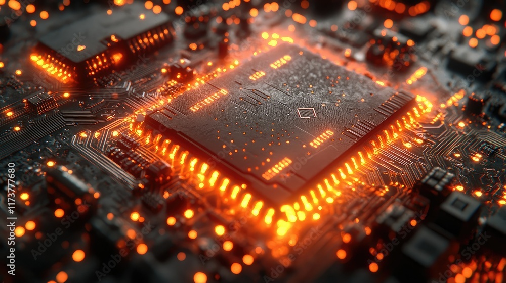 Poster close-up of a glowing computer processor on a circuit board.