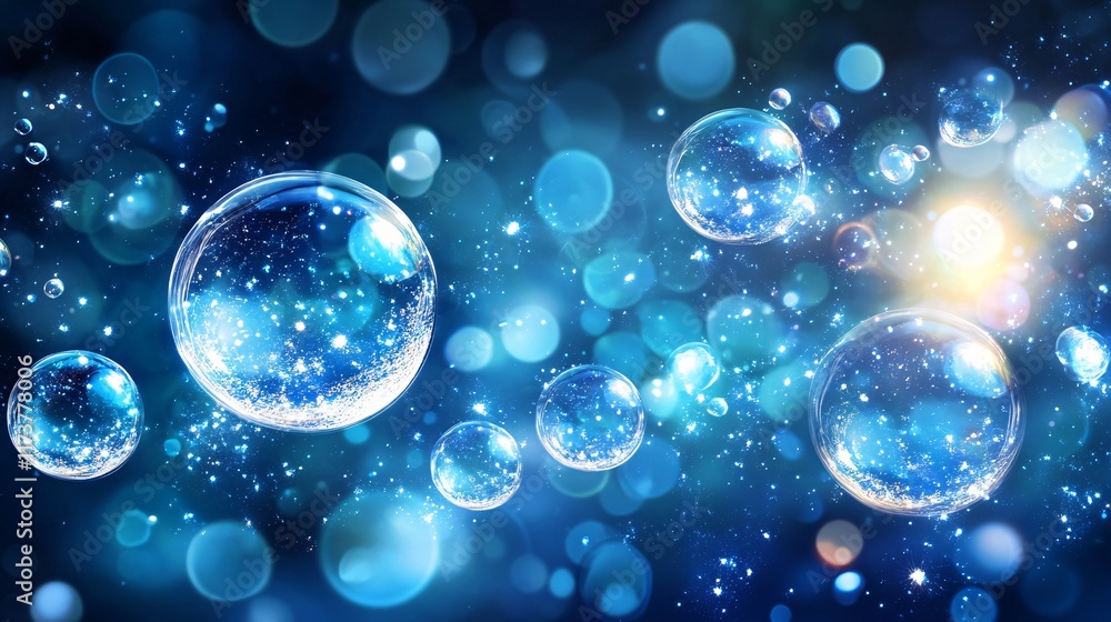 Poster colorful bubbles floating in a sparkling blue background with light reflections