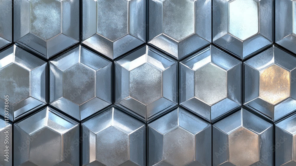 Poster metallic hexagonal tiles form a seamless futuristic surface. ideal for architectural visualization, 