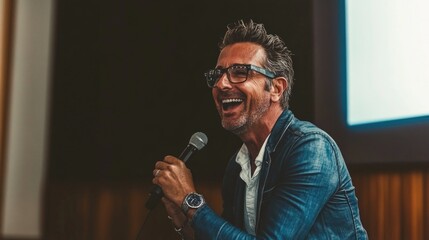 Mature caucasian male speaker engaging audience with microphone