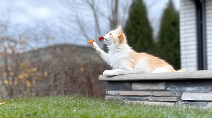 Playful cream tabby cat holding leaf on autumn day, suburban house background; perfect for pet, autumn, or nature themed projects.
