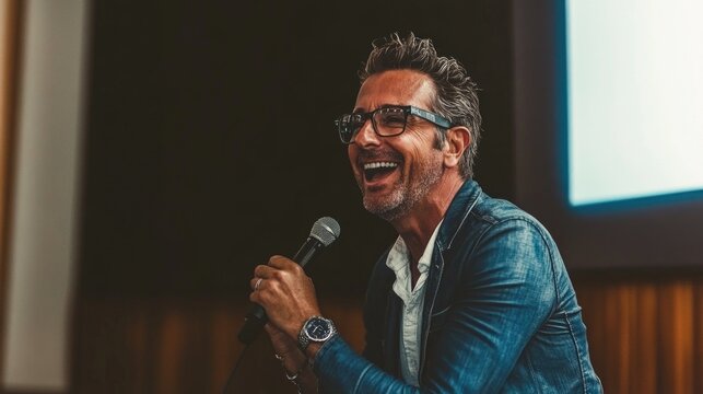 Mature caucasian male speaker engaging audience with microphone