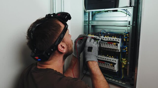 An electrician carefully checks an electrical panel, using a multimeter to measure voltage and ensure safe functionality