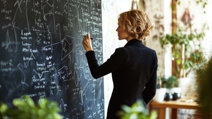 Caucasian female adult writing complex equations on blackboard in classroom