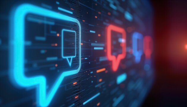 Digital screen shows glowing chat bubbles. Virtual conversation concept. Tech background. No people. Futuristic design. Abstract pattern of glowing data. Modern tech illustration. Communication