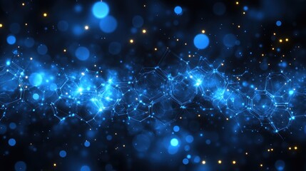 Obraz premium Abstract visualization of interconnected molecules and particles in a cosmic setting.