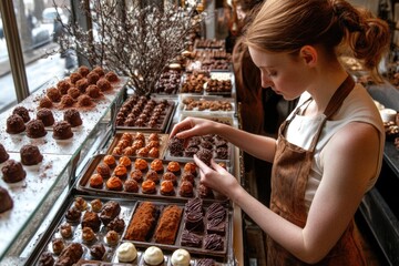Young caucasian female chocolate artisan arranging assorted truffles in a confectionery shop