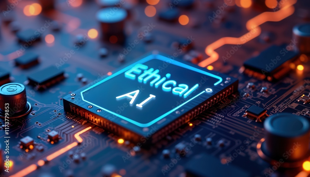 Aufkleber futuristic circuit board with glowing neon text showing ethical ai. modern tech innovation concept. 