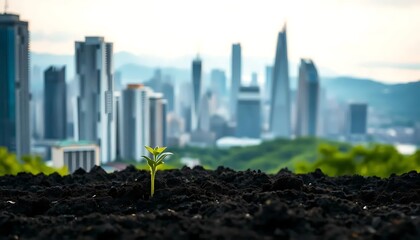 A Tiny Sprout Emerging Against City Skyline