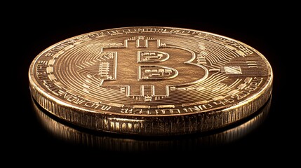Golden bitcoin coin displayed against a dark background with reflective surface