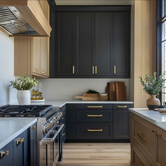 kitchen with oak upper cabinets and dark gray lower cabinets