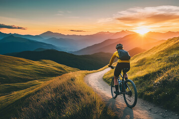 Fototapeta premium Sportsman cyclist riding through a scenic mountain path during sunrise. Generative AI
