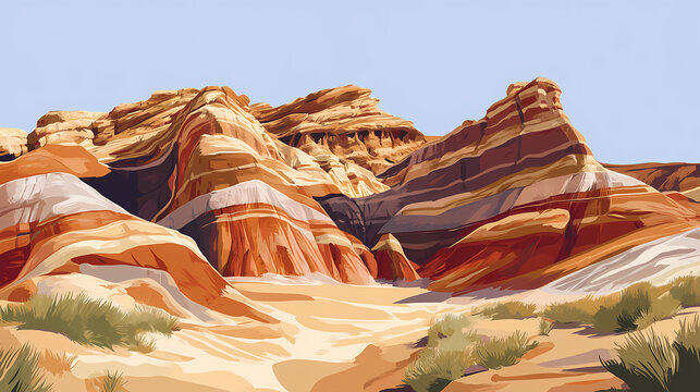 Eroded rock and sandstone formations in a desert landscape, geologic formations, rocky outcrops, sandstone formations. Sandstone. Illustration