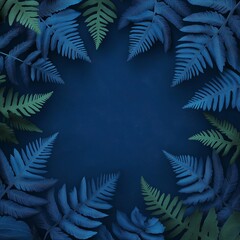 Green fern leaves bordering dark blue background creating copy space