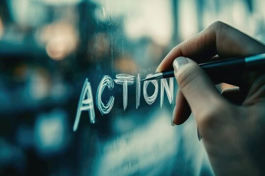 Close-up of hand writing action on glass with a pen