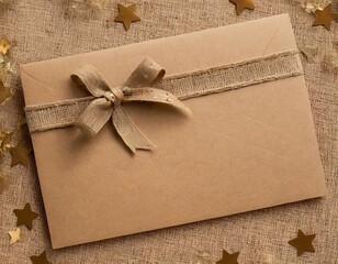 Elegant brown envelope decorated with a burlap ribbon, surrounded by golden stars and festive...