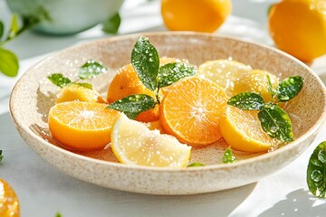 Citrus variety served in a bowl with fresh leaves showcasing vibrant orange and yellow slices reflecting sunlight in a bright setting
