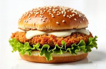 Closeup image of chicken burger. Fresh lettuce, generous amount of sauce visible on burger. Golden brown bun. Delicious-looking food. Ready to eat. Isolated background. Perfect for fast food snack