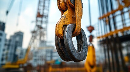 Close-up of a yellow crane hook with a metallic ring, set against a blurred construction site background