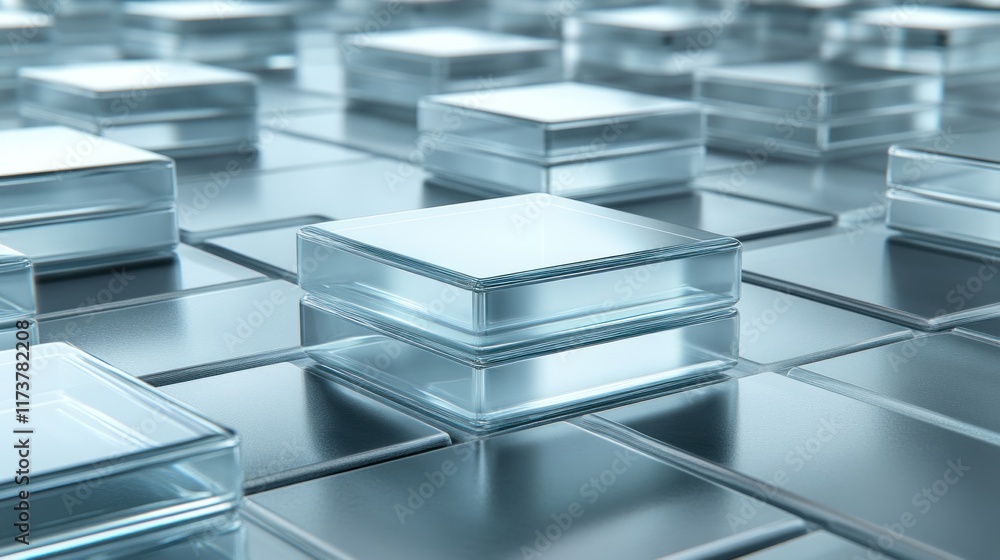 Poster glass blocks stacked on a metallic grid create a futuristic and technological backdrop. ideal for we