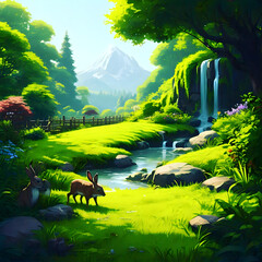 mountains with a little waterfall with different colors of flowers in the green forest illustration