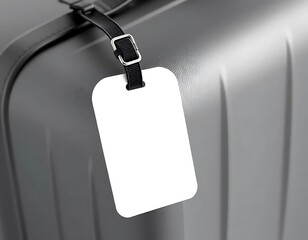 Blank Luggage Tag Attached To Grey Suitcase