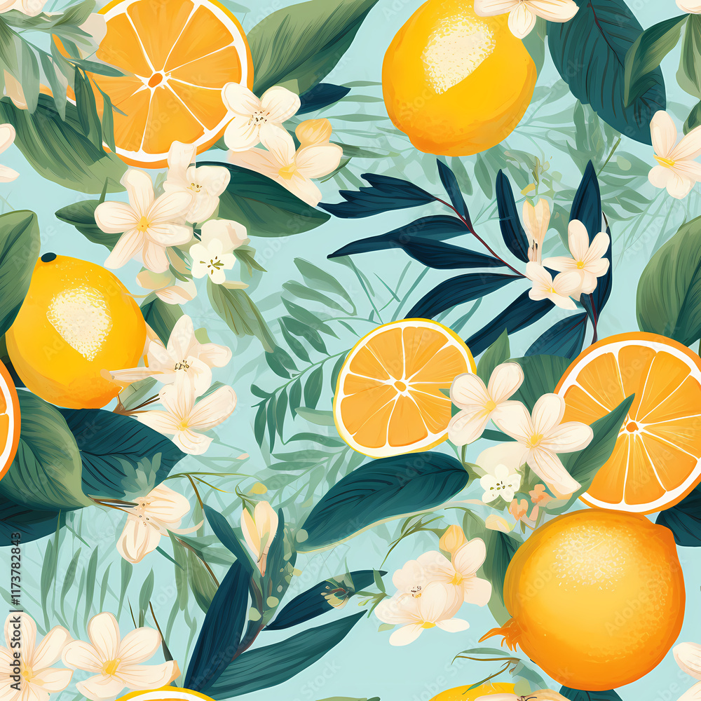 Poster bright citrus pattern featuring lemons and blossoms with refreshing greenery in a vivid design. gene