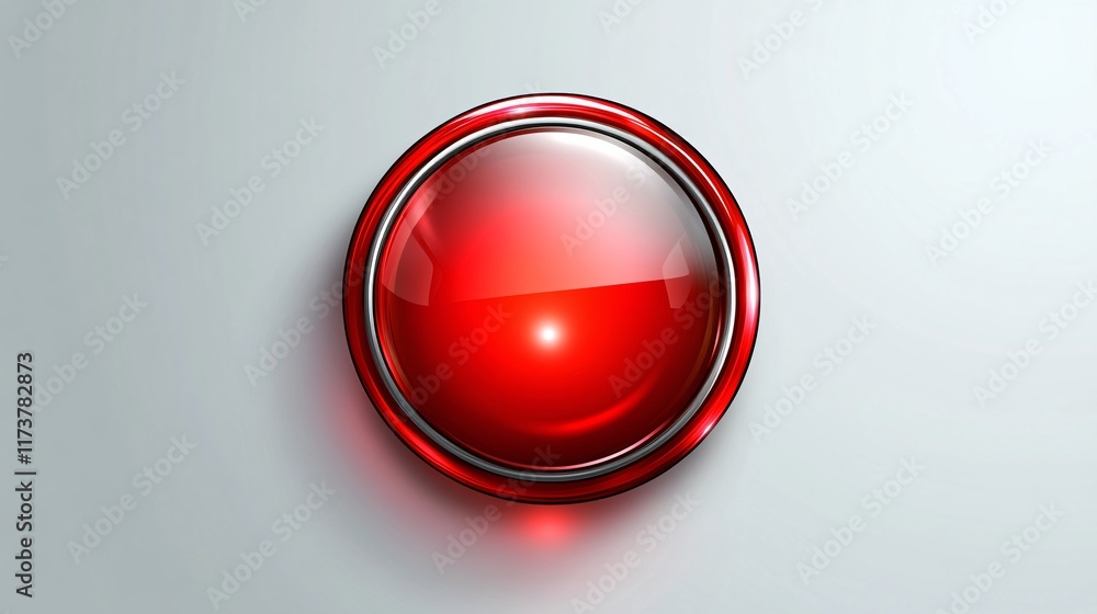 Poster bright red circular button on a smooth surface with a reflective appearance