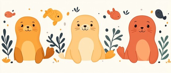 Three cute, cartoon-style seals surrounded by fish and plants.