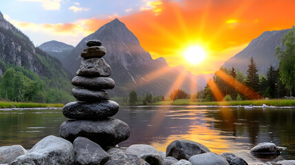 Serene sunset over mountains; balanced rocks by calm river; peaceful nature scene; ideal for meditation, relaxation, or travel brochures.